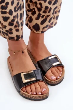 Klapki Damskie Na Korkowej Platformie Z Ozdobą Czarne Elleriome