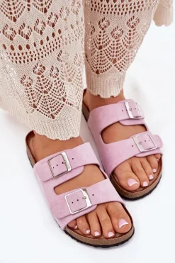 Klapki Damskie Na Korkowej Platformie Klamry Lawendowe Evisolla