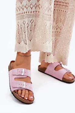 Klapki Damskie Na Korkowej Platformie Klamry Lawendowe Evisolla