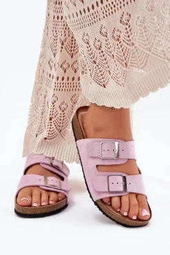 Klapki Damskie Na Korkowej Platformie Klamry Lawendowe Evisolla