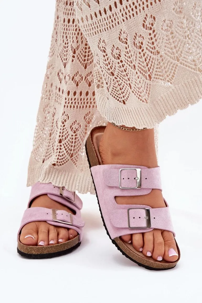 Klapki Damskie Na Korkowej Platformie Klamry Lawendowe Evisolla