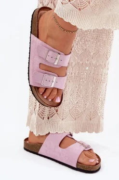 Klapki Damskie Na Korkowej Platformie Klamry Lawendowe Evisolla