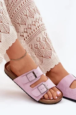 Klapki Damskie Na Korkowej Platformie Klamry Lawendowe Evisolla