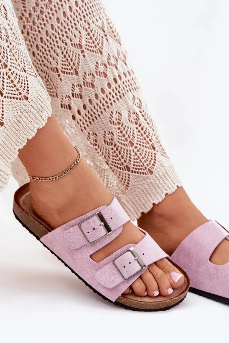 Klapki Damskie Na Korkowej Platformie Klamry Lawendowe Evisolla