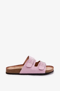 Klapki Damskie Na Korkowej Platformie Klamry Lawendowe Evisolla