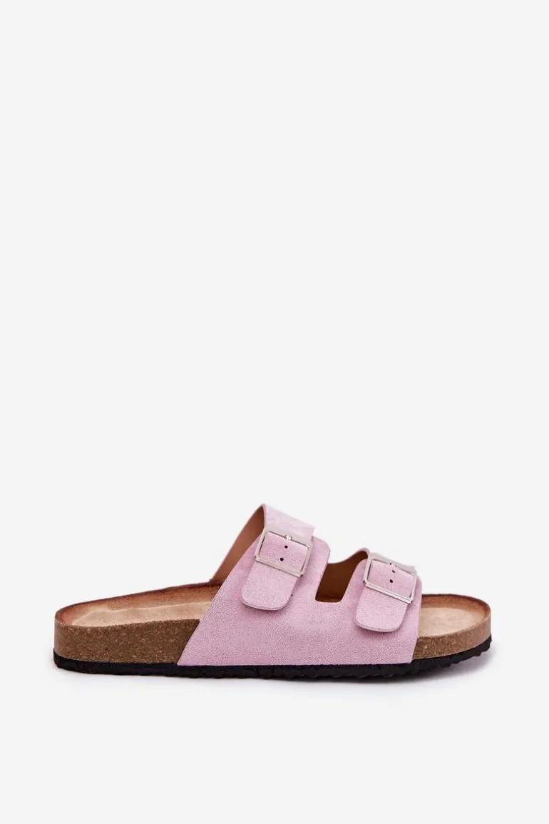 Klapki Damskie Na Korkowej Platformie Klamry Lawendowe Evisolla