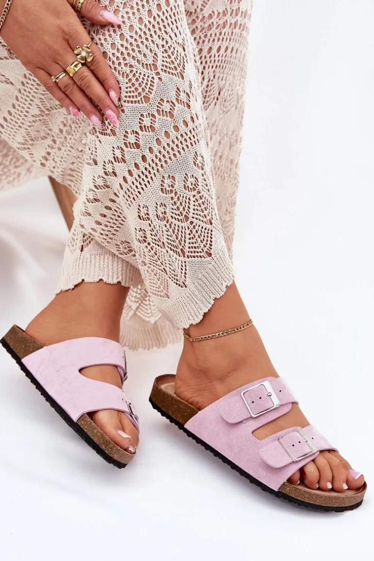 Klapki Damskie Na Korkowej Platformie Klamry Lawendowe Evisolla