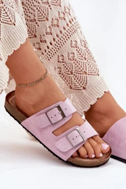 Klapki Damskie Na Korkowej Platformie Klamry Lawendowe Evisolla