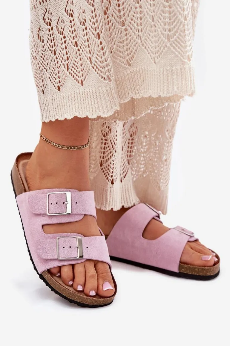 Klapki Damskie Na Korkowej Platformie Klamry Lawendowe Evisolla