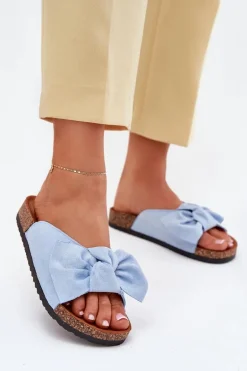 Klapki Damskie Na Korkowej Podeszwie Kokardką Niebieskie Seressa