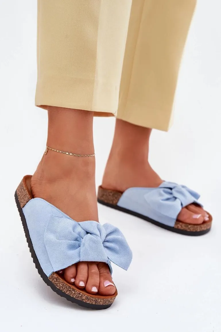 Klapki Damskie Na Korkowej Podeszwie Kokardką Niebieskie Seressa