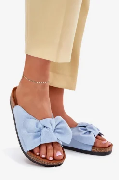 Klapki Damskie Na Korkowej Podeszwie Kokardką Niebieskie Seressa