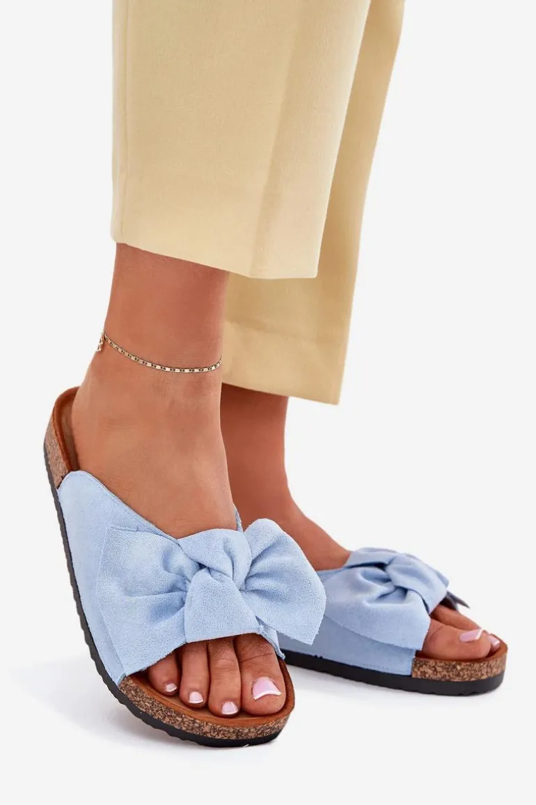 Klapki Damskie Na Korkowej Podeszwie Kokardką Niebieskie Seressa