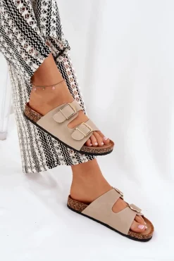 Klapki Damskie Na Korkowej Platformie Ze Złotymi Klamrami Beżowe Lisavionea