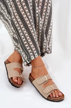 Klapki Damskie Na Korkowej Platformie Ze Złotymi Klamrami Beżowe Lisavionea