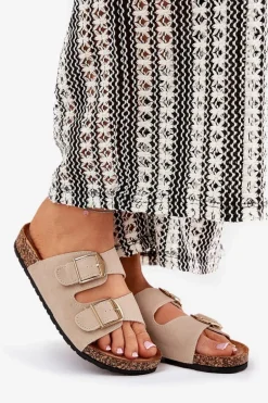 Klapki Damskie Na Korkowej Platformie Ze Złotymi Klamrami Beżowe Lisavionea