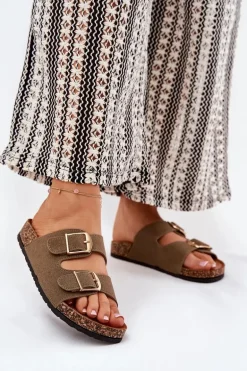 Klapki Damskie Na Korkowej Platformie Ze Złotymi Klamrami Zielone Lisavionea