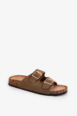 Klapki Damskie Na Korkowej Platformie Ze Złotymi Klamrami Zielone Lisavionea