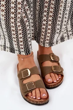 Klapki Damskie Na Korkowej Platformie Ze Złotymi Klamrami Zielone Lisavionea