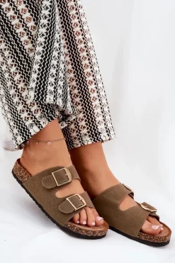 Klapki Damskie Na Korkowej Platformie Ze Złotymi Klamrami Zielone Lisavionea