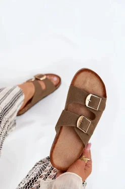 Klapki Damskie Na Korkowej Platformie Ze Złotymi Klamrami Zielone Lisavionea