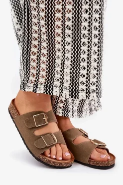 Klapki Damskie Na Korkowej Platformie Ze Złotymi Klamrami Zielone Lisavionea