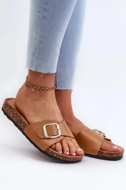 Klapki Damskie Na Korkowej Platformie Z Klamrą Brązowe Moaxi