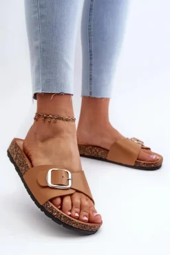 Klapki Damskie Na Korkowej Platformie Z Klamrą Brązowe Moaxi