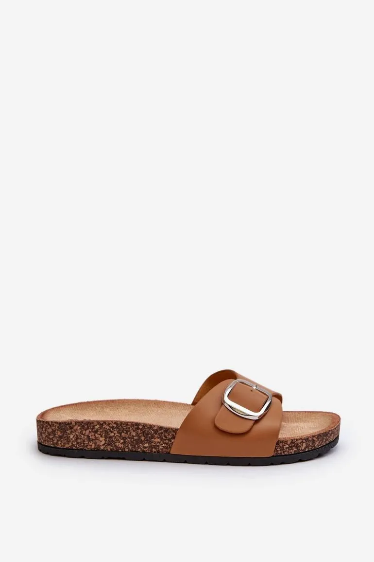 Klapki Damskie Na Korkowej Platformie Z Klamrą Brązowe Moaxi