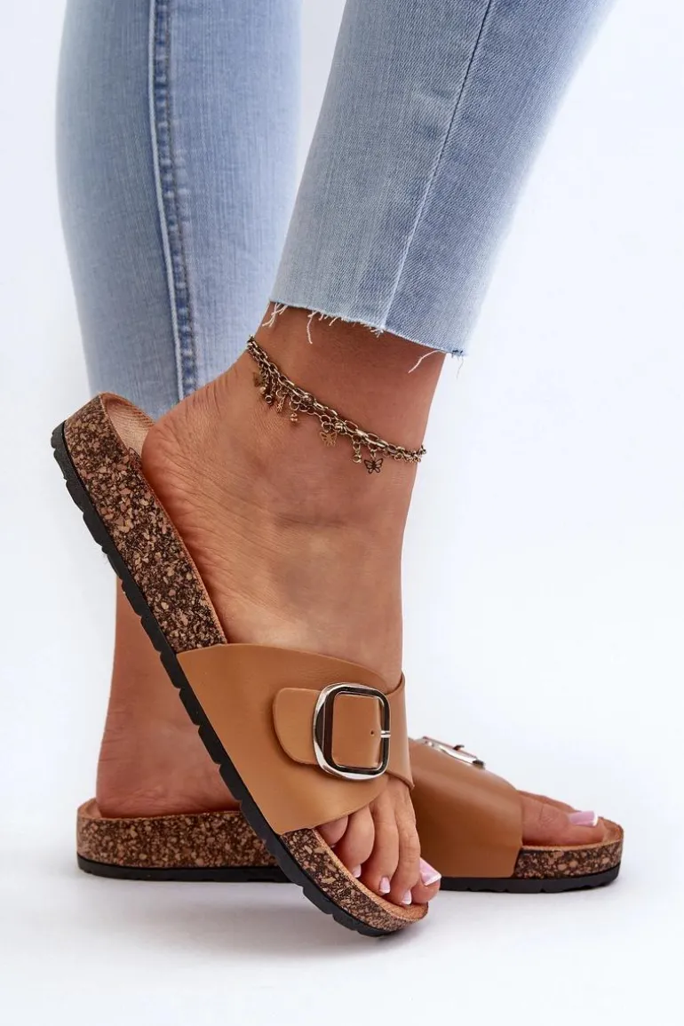 Klapki Damskie Na Korkowej Platformie Z Klamrą Brązowe Moaxi