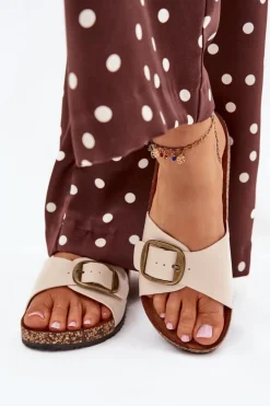 Klapki Damskie Na Korkowej Platformie Z Klamrą Beżowe Vianara