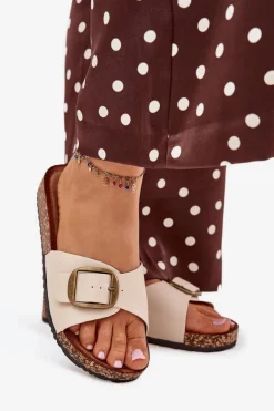 Klapki Damskie Na Korkowej Platformie Z Klamrą Beżowe Vianara