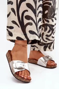 Klapki Damskie Na Korkowej Platformie Z Klamrą Srebrne Vianara