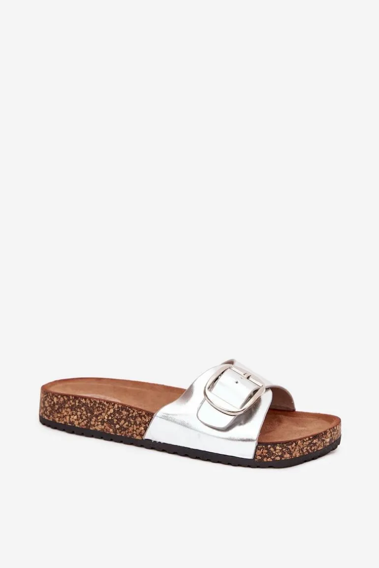 Klapki Damskie Na Korkowej Platformie Z Klamrą Srebrne Vianara