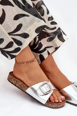 Klapki Damskie Na Korkowej Platformie Z Klamrą Srebrne Vianara