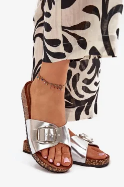 Klapki Damskie Na Korkowej Platformie Z Klamrą Srebrne Vianara