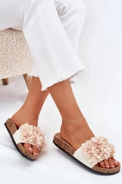 Klapki Damskie Na Korkowej Podeszwie Z Ozdobnymi Kwiatkami Beżowe Seleneza