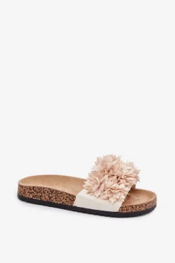 Klapki Damskie Na Korkowej Podeszwie Z Ozdobnymi Kwiatkami Beżowe Seleneza