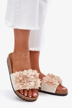 Klapki Damskie Na Korkowej Podeszwie Z Ozdobnymi Kwiatkami Beżowe Seleneza