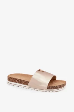 Klapki Damskie Na Korkowej Platformie Z Ozdobnym Detalem Złote Vessira