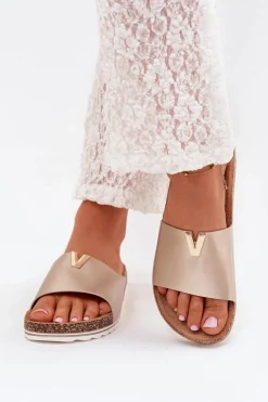 Klapki Damskie Na Korkowej Platformie Z Ozdobnym Detalem Złote Vessira