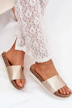 Klapki Damskie Na Korkowej Platformie Z Ozdobnym Detalem Złote Vessira