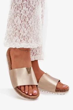 Klapki Damskie Na Korkowej Platformie Z Ozdobnym Detalem Złote Vessira