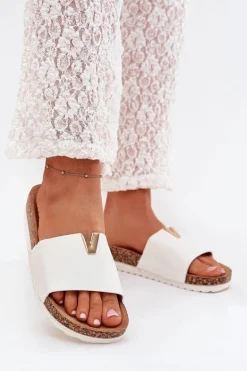 Klapki Damskie Na Korkowej Platformie Z Ozdobnym Detalem Białe Vessira