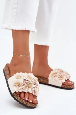 Klapki Damskie Na Korkowej Podeszwie Z Kwiatkami Beżowe Ferenza