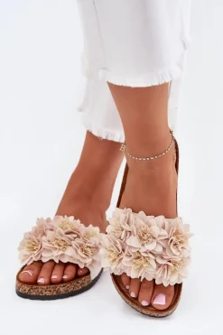 Klapki Damskie Na Korkowej Podeszwie Z Kwiatkami Beżowe Ferenza