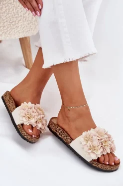 Klapki Damskie Na Korkowej Podeszwie Z Kwiatkami Beżowe Ferenza
