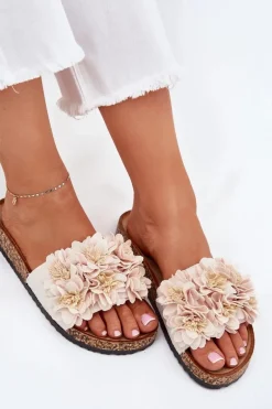 Klapki Damskie Na Korkowej Podeszwie Z Kwiatkami Beżowe Ferenza