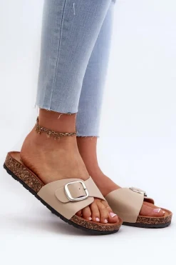 Klapki Damskie Na Korkowej Platformie Z Klamrą Beżowe Moaxi