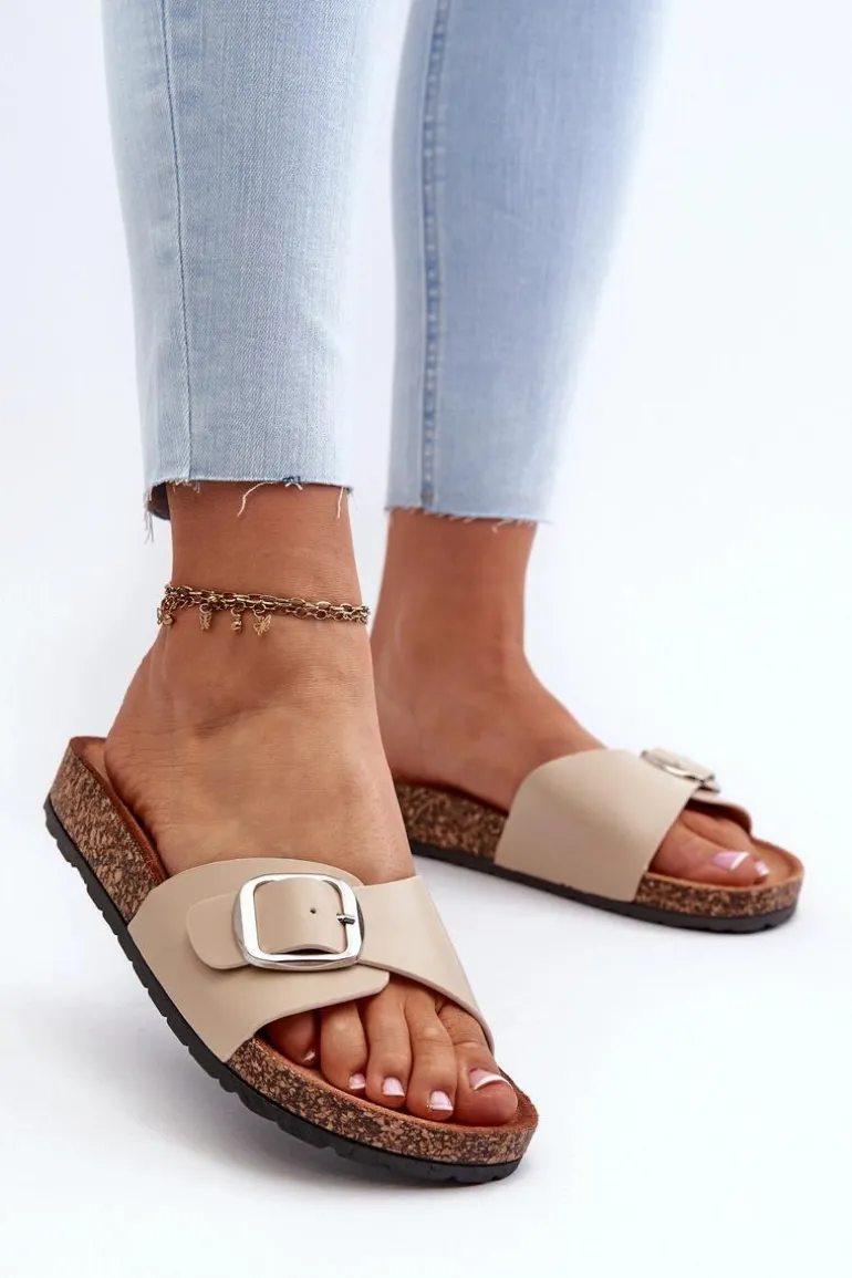 Klapki Damskie Na Korkowej Platformie Z Klamrą Beżowe Moaxi